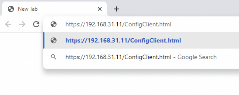 Browser address bar showing the standard Verifone Commander ConfigClient address