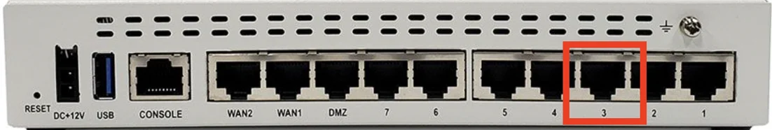 Example Fortinet rear panel with one numbered port highlighted