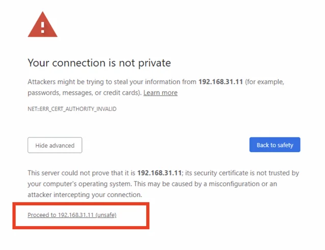 Local certificate warning for the Commander address