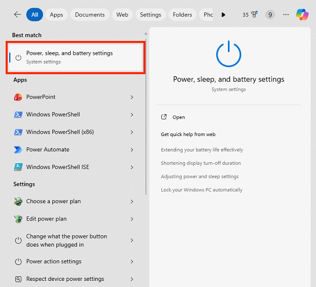 Windows 11 search showing Power, sleep, and battery settings