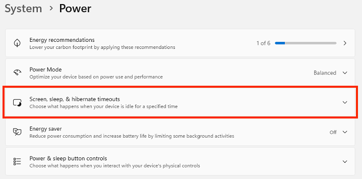 Windows 11 Power settings with Screen, sleep, and hibernate timeouts highlighted
