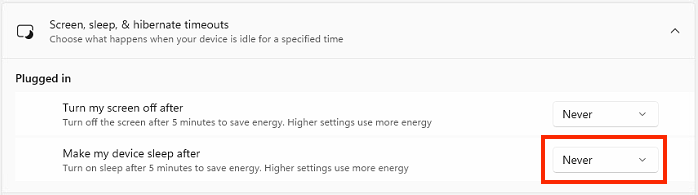 Windows 11 sleep timeout set to Never while plugged in