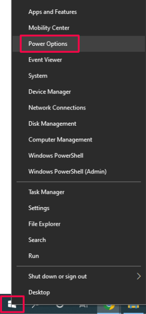 Windows 10 menu with Power Options highlighted