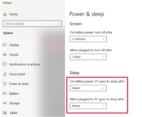Windows 10 Power and sleep settings with both sleep options set to Never