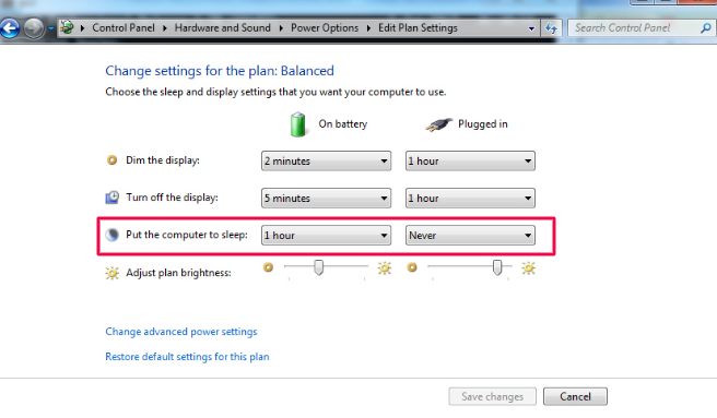 Windows 7 power plan with Put the computer to sleep set to Never while plugged in