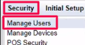 Verifone Security menu with Manage Users selected