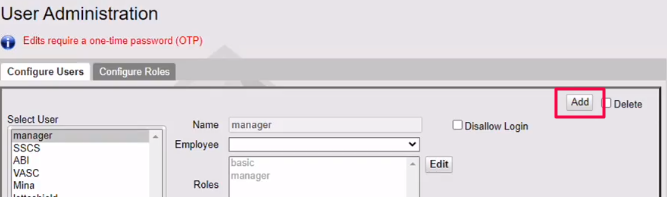 Verifone User Administration screen with the Add control highlighted